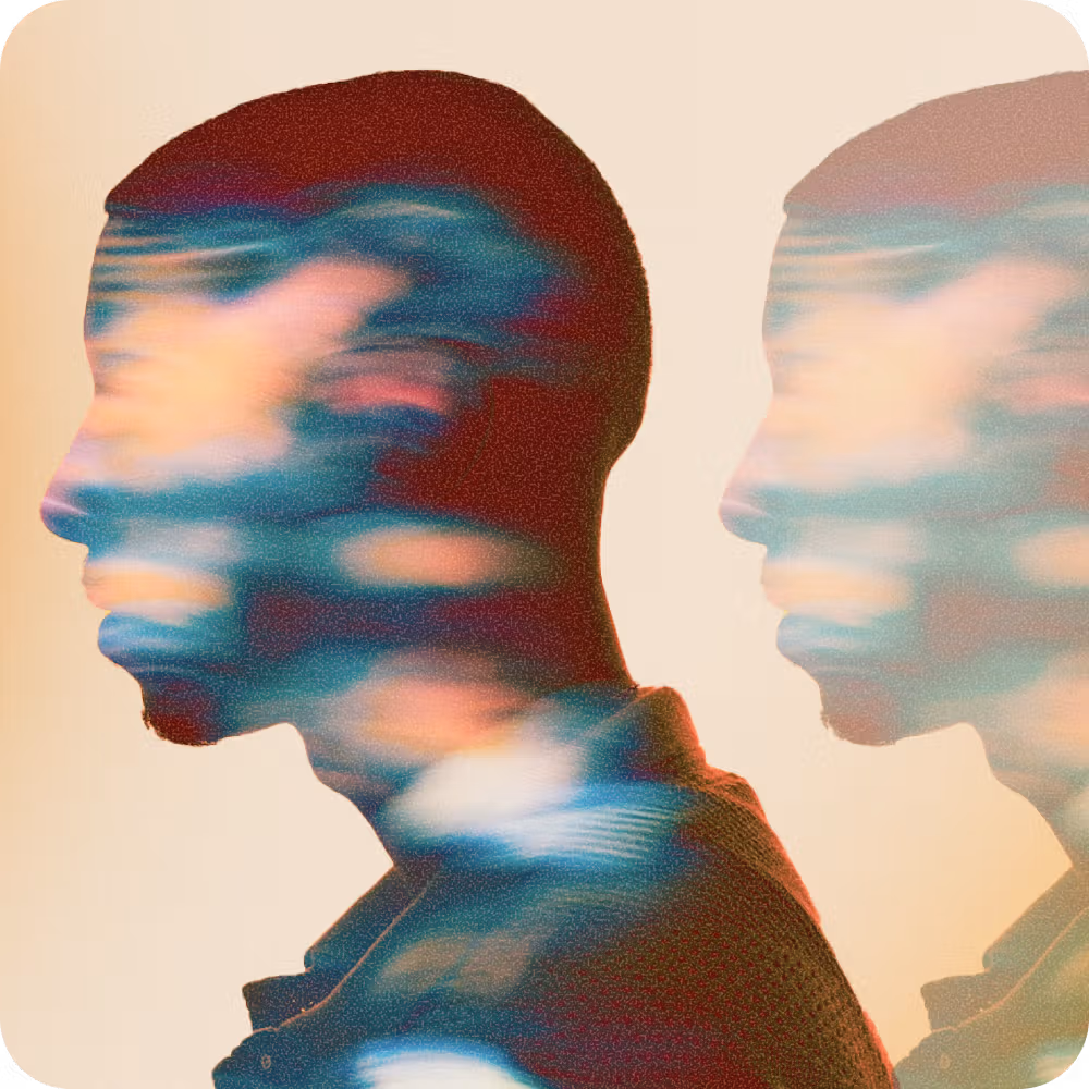 Double-exposure style portrait of a person in profile with blurred colorful overlays.