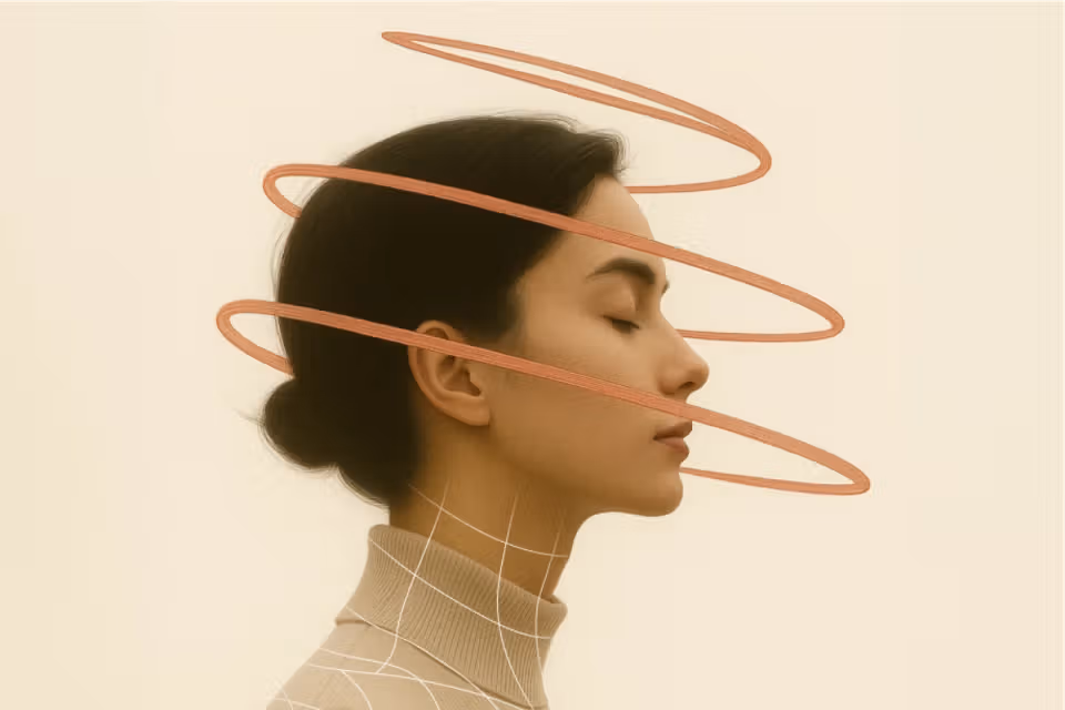 Woman in profile with eyes closed, encircled by orange ribbon-like lines on a light background.