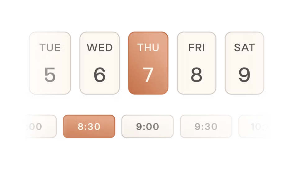 A scheduling interface showing selectable days of the week with Thursday the 7th highlighted, and available time slots below with 8:30 AM selected.