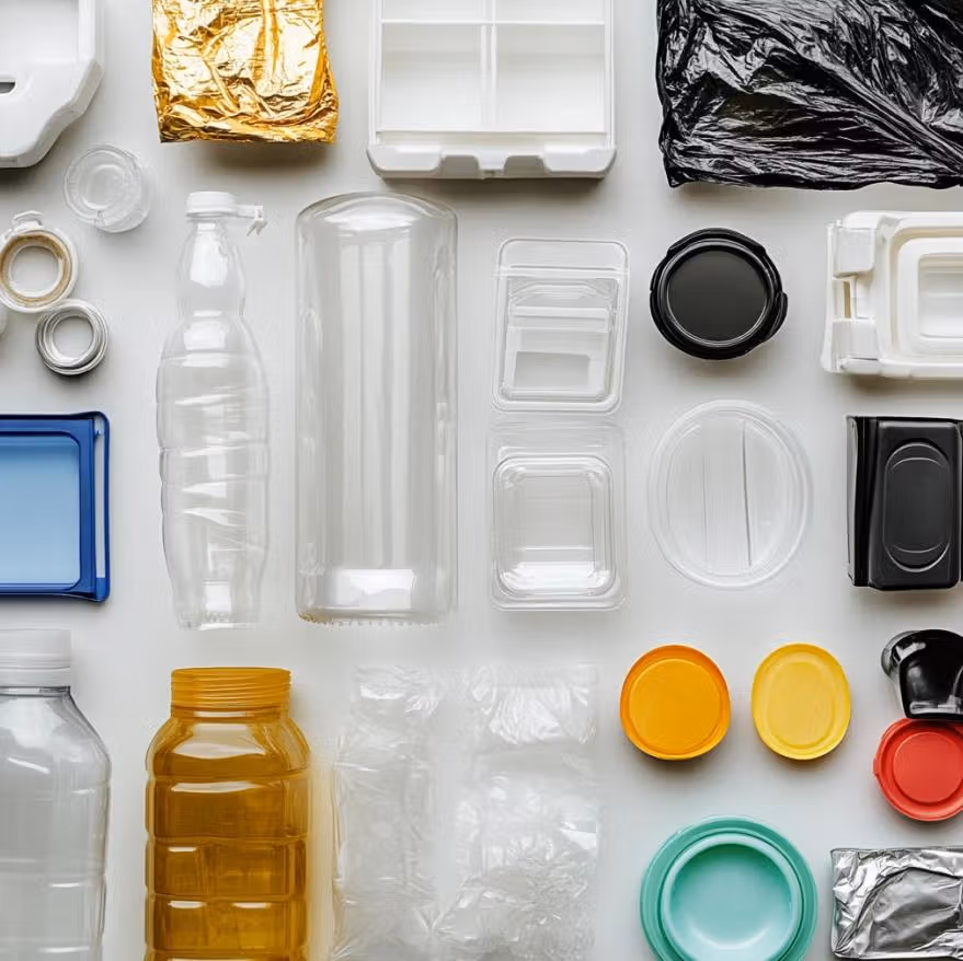 Assorted plastic containers, bottles, lids, and packaging arranged on a white surface.