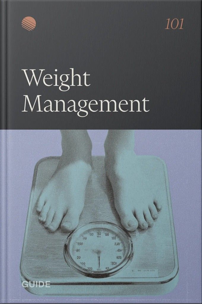 Guide cover reading 'Weight Management' above bare feet standing on a bathroom scale.