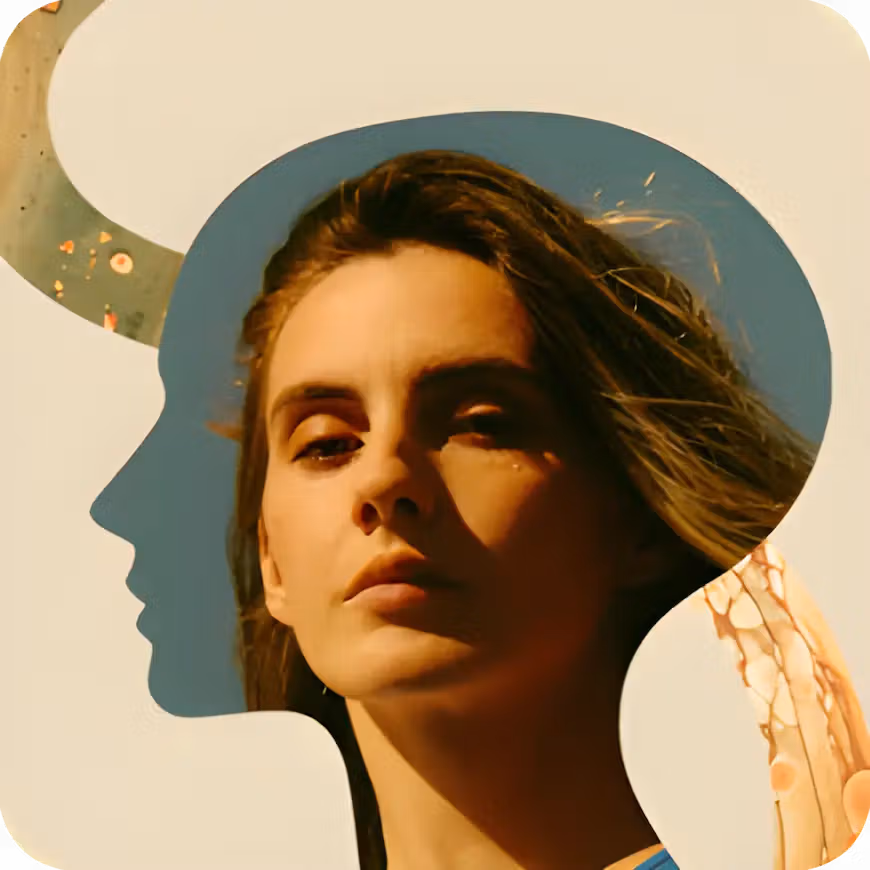 Woman's face framed inside layered silhouette shapes on a light background.