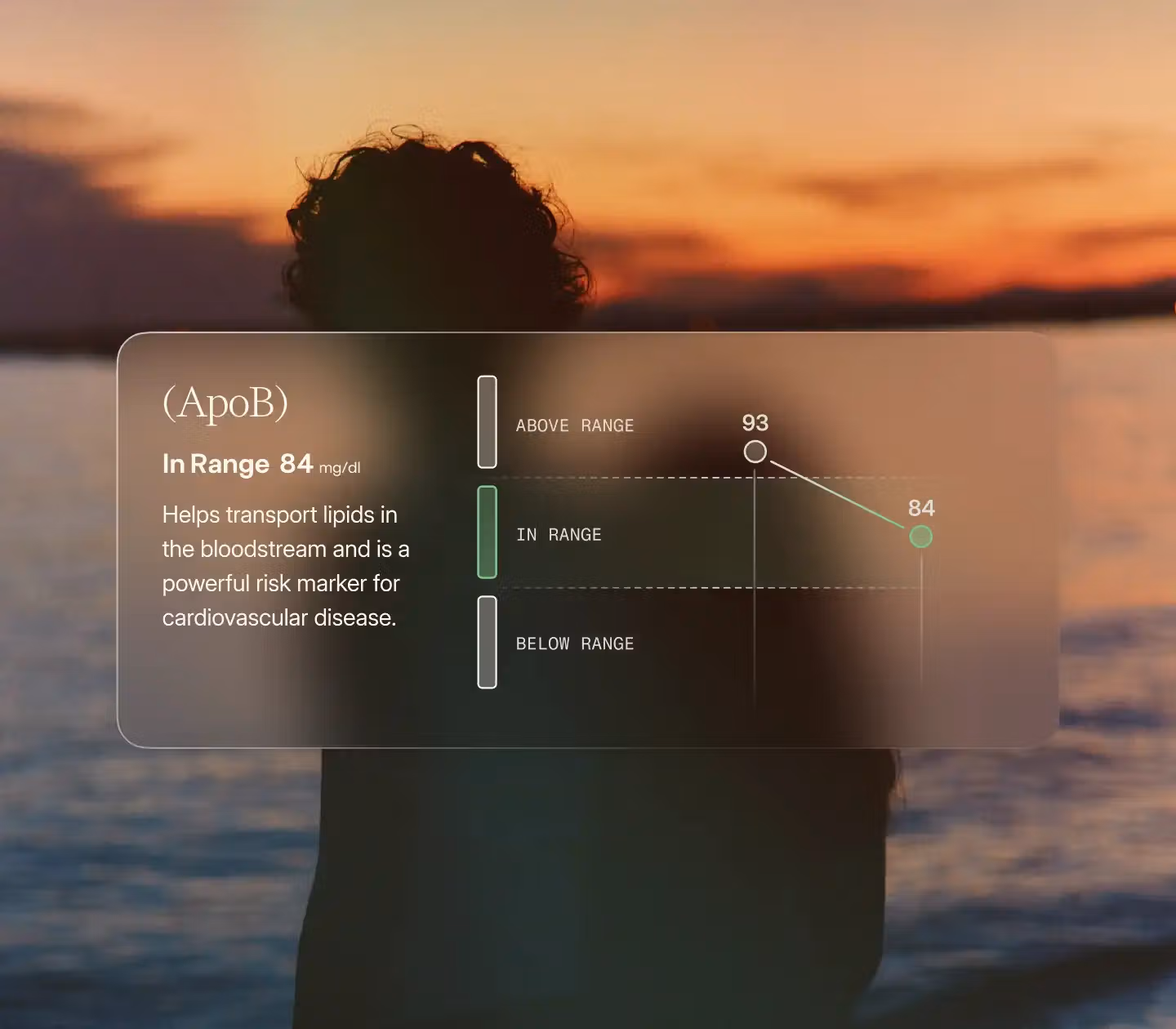 Man with sunset and water in the background, with the biomarker ApoB overlaid on the image.
