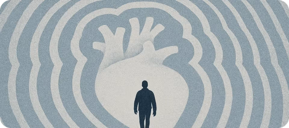 Silhouette of a person standing inside a large heart illustration with radiating contour lines.
