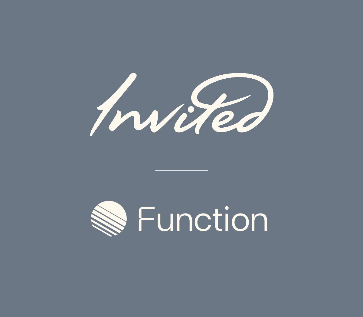 White Invited and Function wordmarks stacked on a muted blue background.