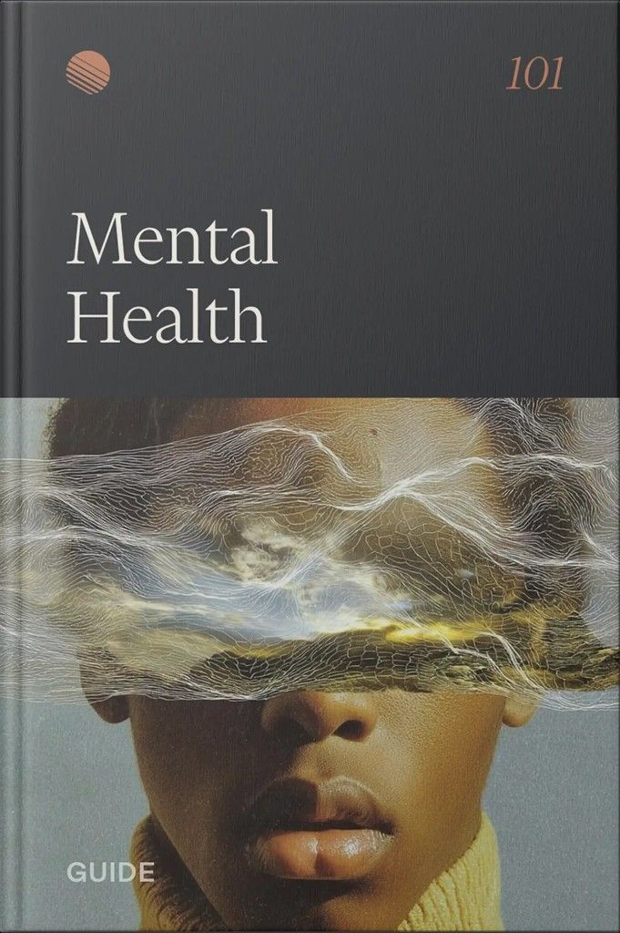 Guide cover reading 'Mental Health' above a portrait layered with flowing white lines and a cloudy sky.