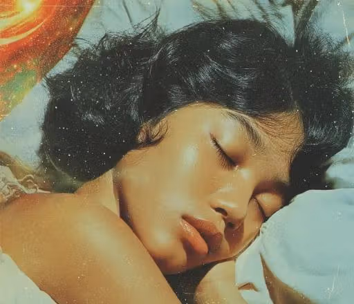 Close-up of a sleeping woman resting on a pillow with a dreamy star-speckled glow.