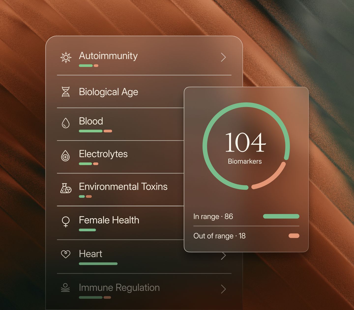 Function biomarker dashboard showing 104 biomarkers and health categories.