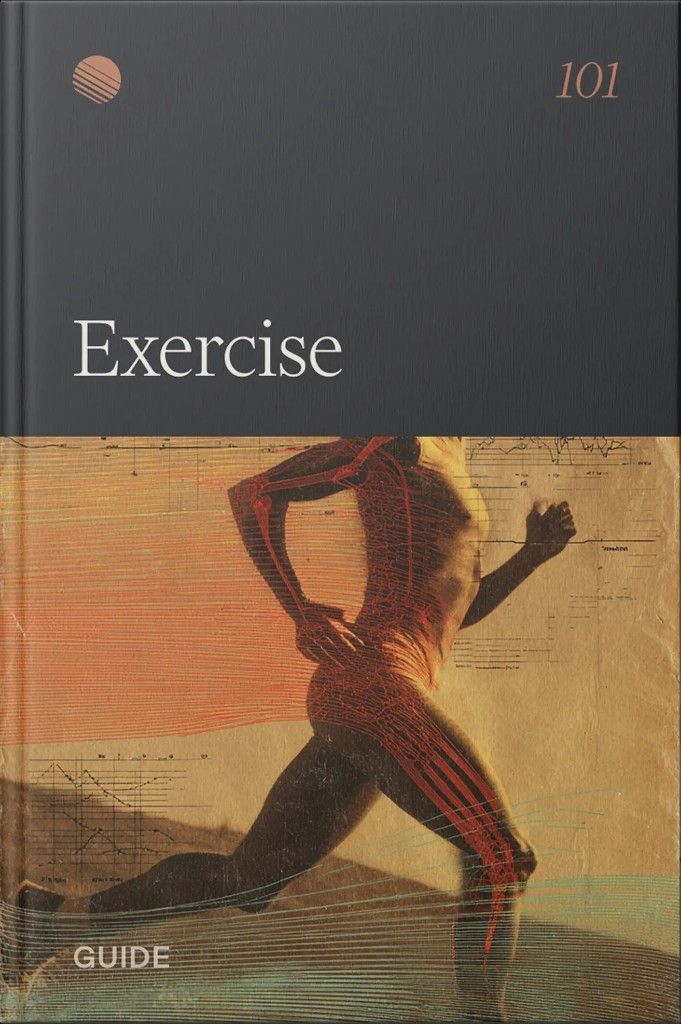 Guide cover reading 'Exercise' above a silhouetted runner layered with red anatomical lines and chart graphics.