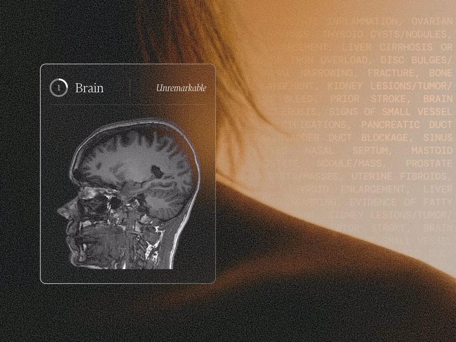 MRI brain scan card reading “Unremarkable,” overlaid on a softly lit photo of a person’s neck and shoulder.