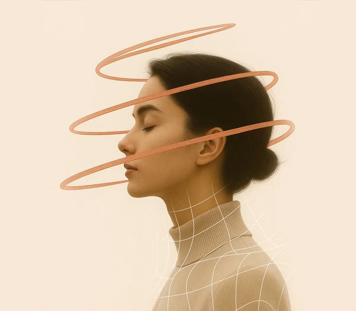Side profile of a person with eyes closed, surrounded by spiral lines around their head and a wireframe grid overlay on their chest, against a beige background