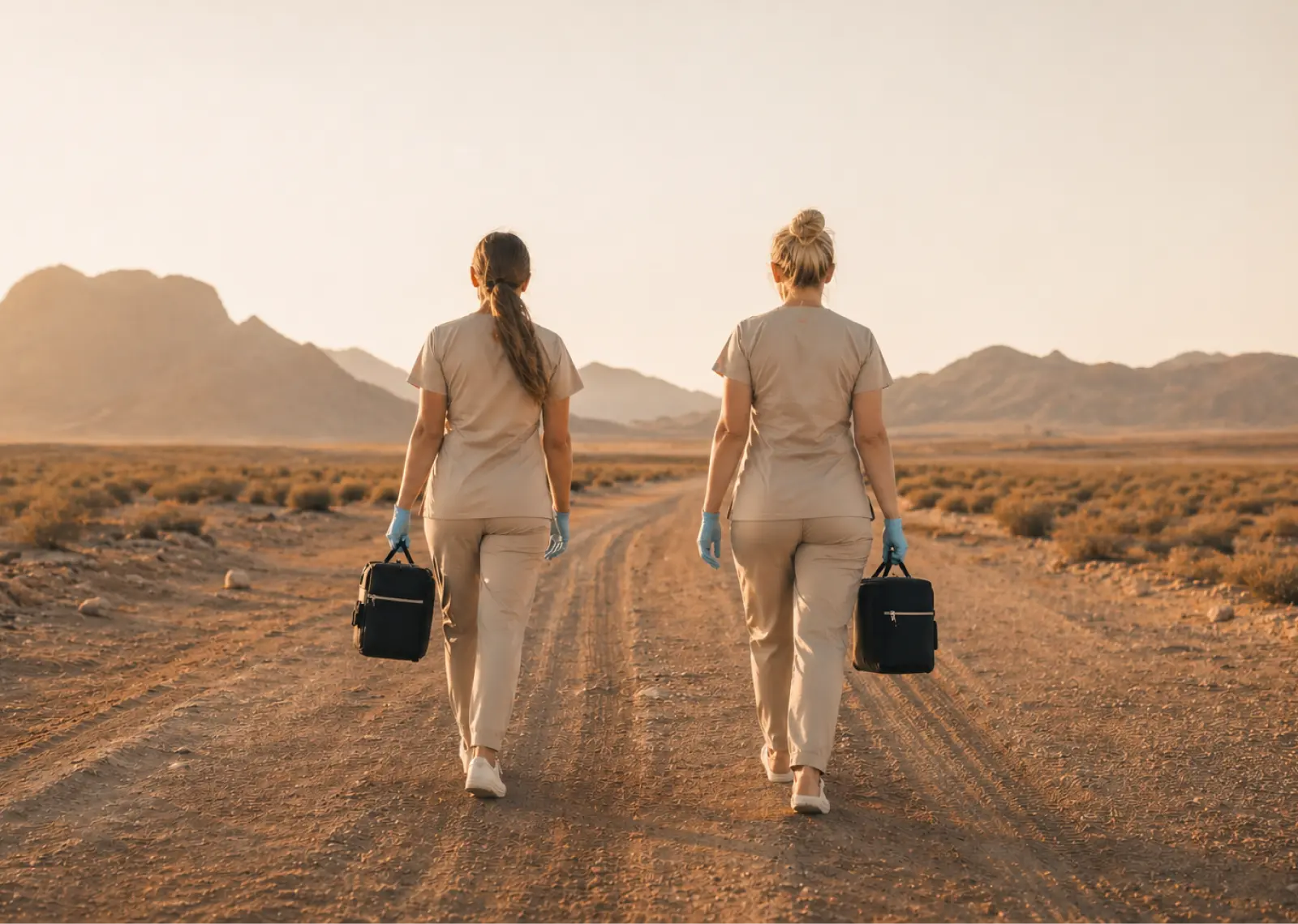 Two healthcare workers in scrubs walking down a desert dirt road carrying medical bags at sunset.