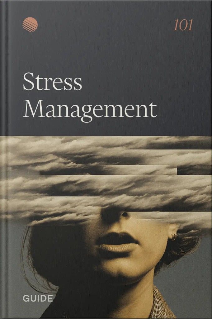 Guide cover reading 'Stress Management' above a portrait obscured by layered storm clouds.