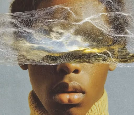 Close-up portrait with translucent wave lines and a cloudy sky crossing over the eyes.