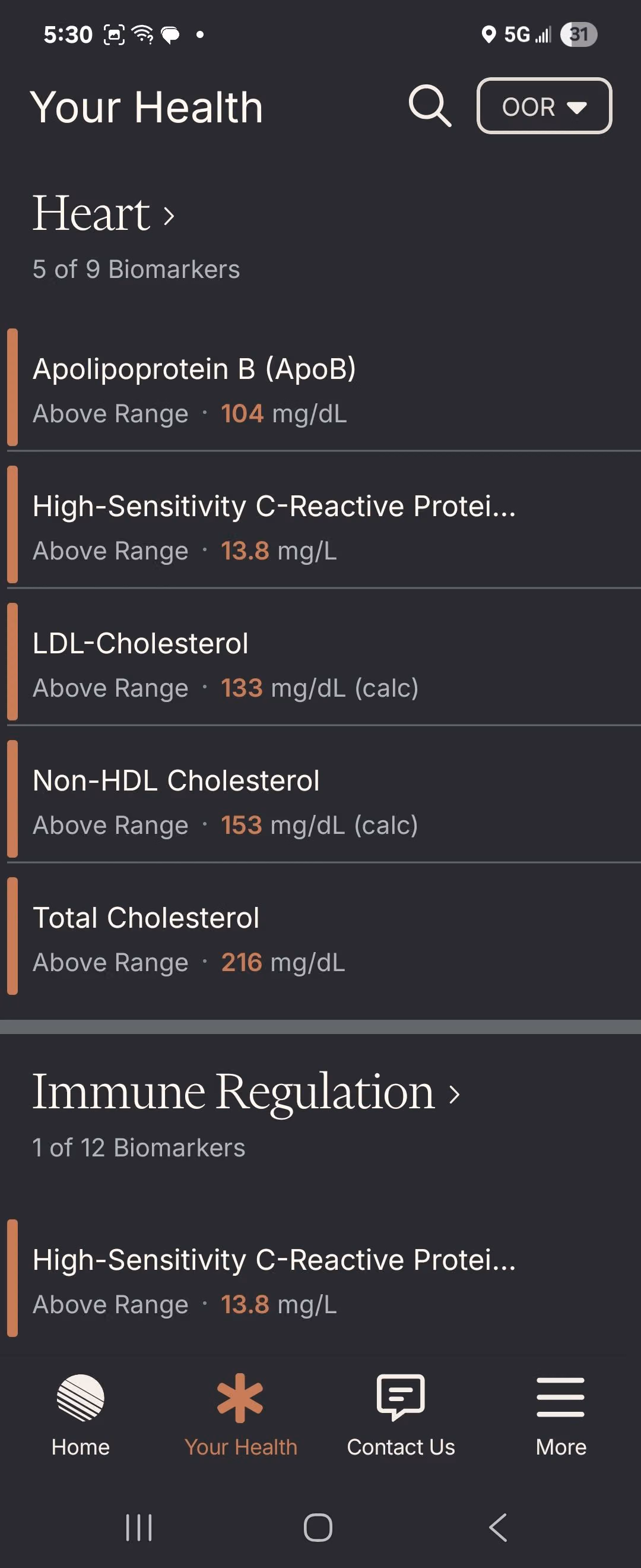 Function app screenshot showing out-of-range heart biomarkers including ApoB, hs-CRP, and LDL Cholesterol.