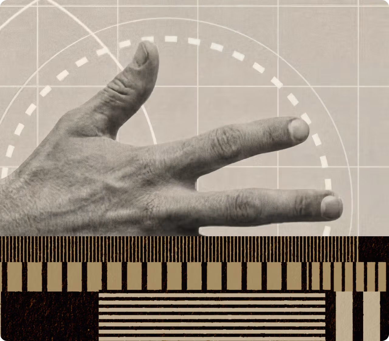 Sepia-toned open hand reaching forward, overlaid with circular dashed lines and a grid pattern, with a graphic bar chart element along the bottom edge