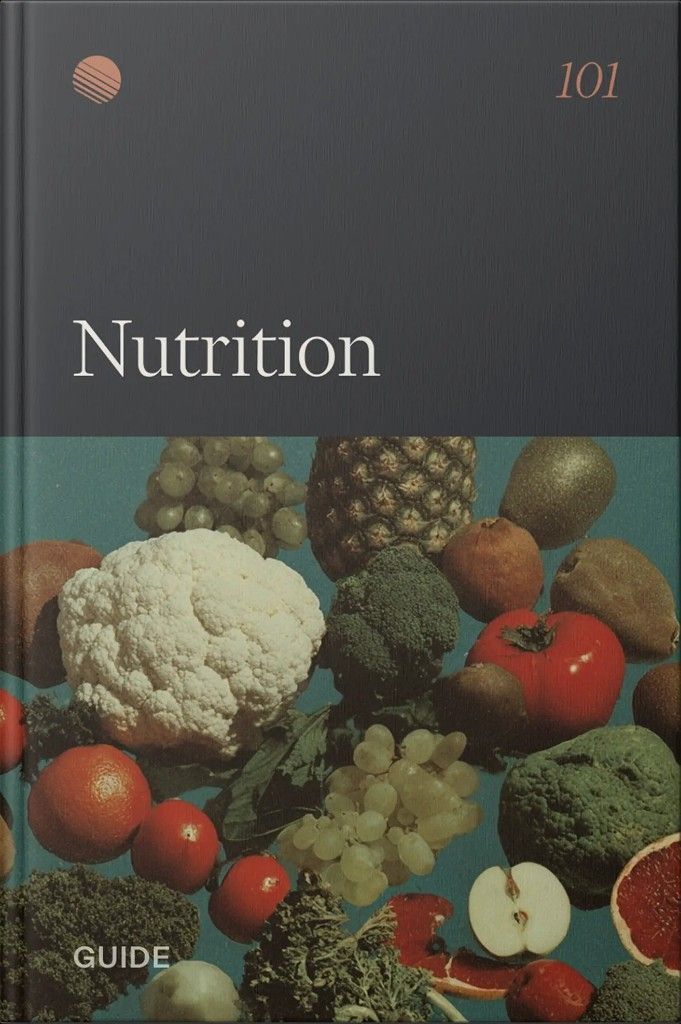 Guide cover reading 'Nutrition' above a colorful collage of fruits and vegetables on a teal background.